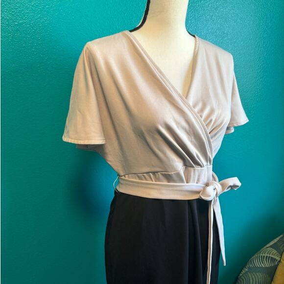 Grace Karin Taupe & Black Short Sleeve Midi Dress Women's Large - Picture 3 of 9